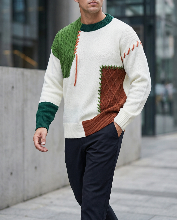 Men's Knit Patchwork Sweater | Textured Relaxed Fit with Bold Contrast 5