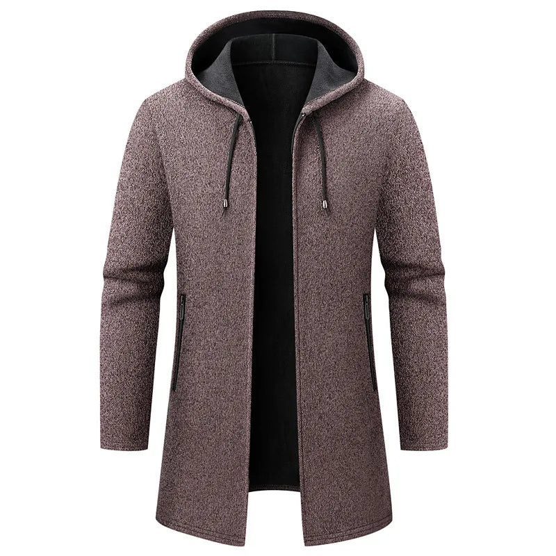 Men's knitted hooded mid-length coat with zip-front layering fit