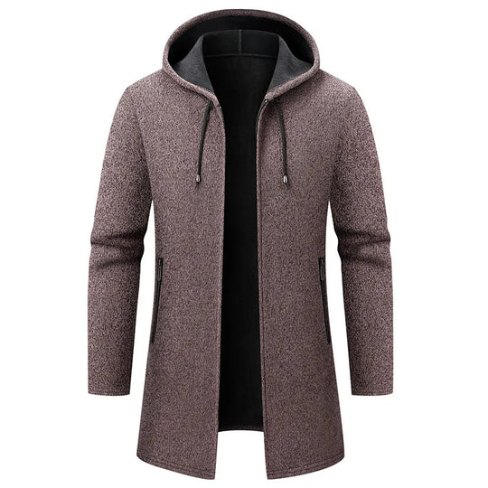 Men's knitted hooded mid-length coat with zip-front layering fit
