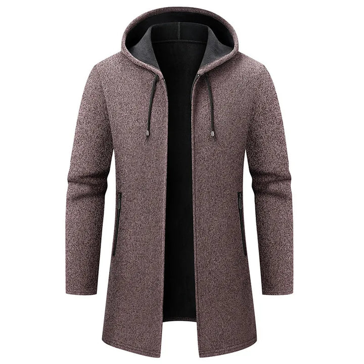 Men's knitted hooded mid-length coat with zip-front layering fit