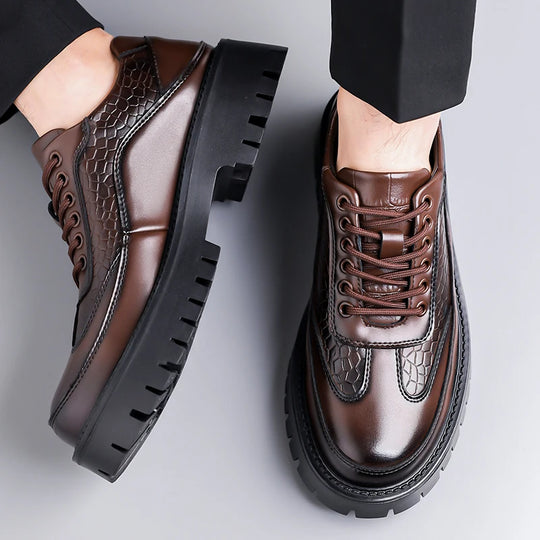 Men's brown leather dress shoes with thick sole and retro profile