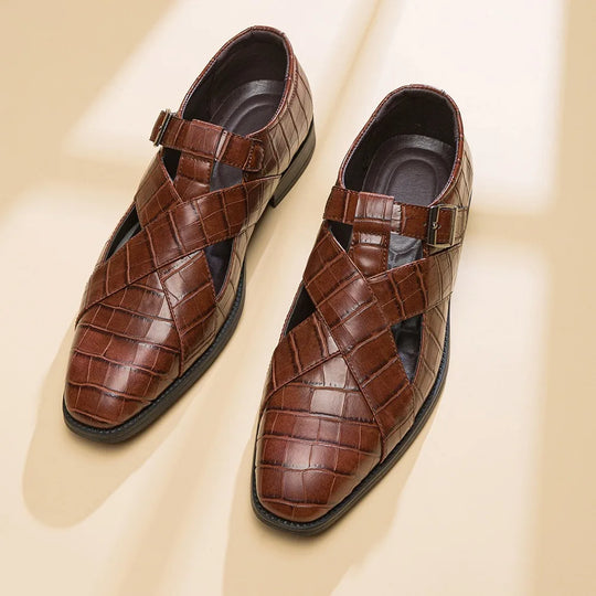 Men's leather gladiator sandals with monk-strap open-toe design