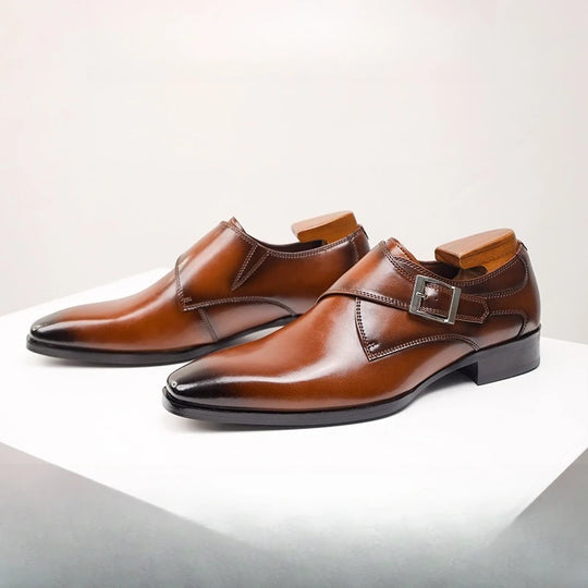 Men's leather monk strap Oxfords with pointed toe and buckle closure