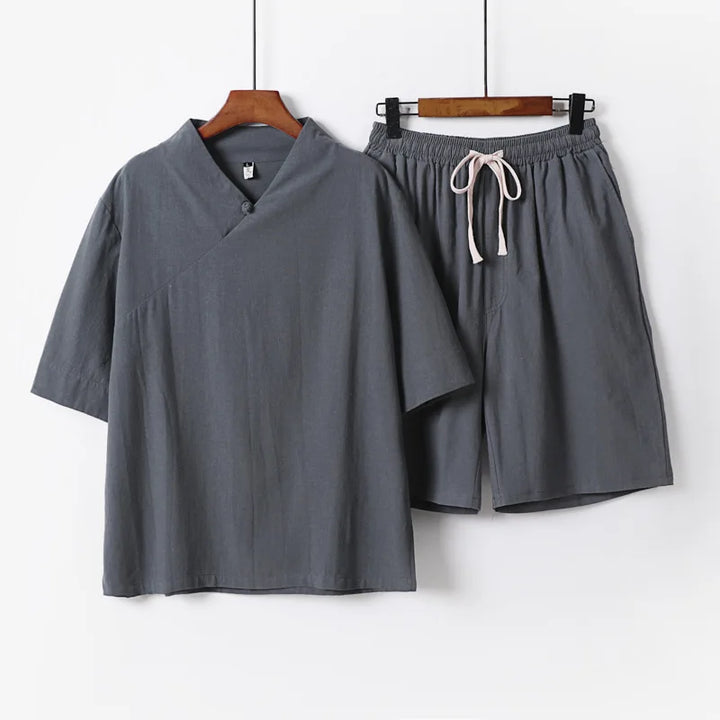 Men's breathable V-neck shirt and drawstring shorts summer set