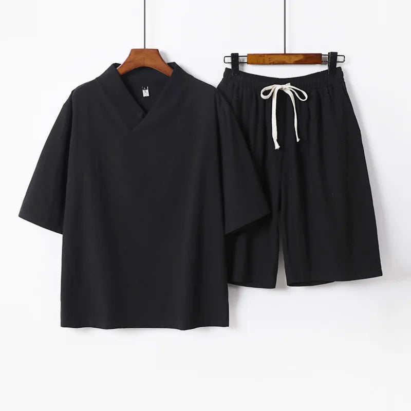 Men's Lightweight Breathable V-Neck T-Shirt and Drawstring Shorts Set | Effortless Summer Comfort Fit 4