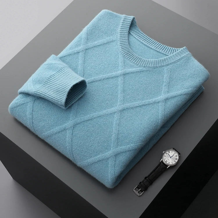 Men's Merino Wool Diamond-Knit Crewneck Sweater | Lightweight Structured Warmth 1