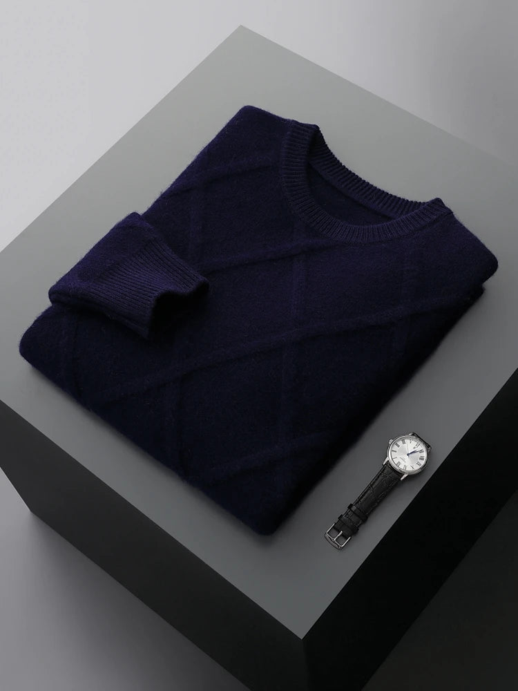 Men's Merino Wool Diamond-Knit Crewneck Sweater | Lightweight Structured Warmth 10