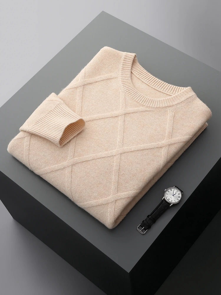 Men's Merino Wool Diamond-Knit Crewneck Sweater | Lightweight Structured Warmth 11