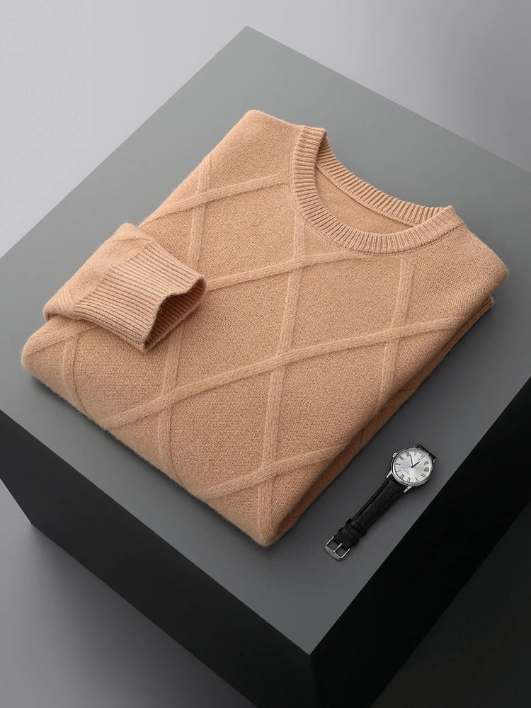 Men's Merino Wool Diamond-Knit Crewneck Sweater | Lightweight Structured Warmth 12