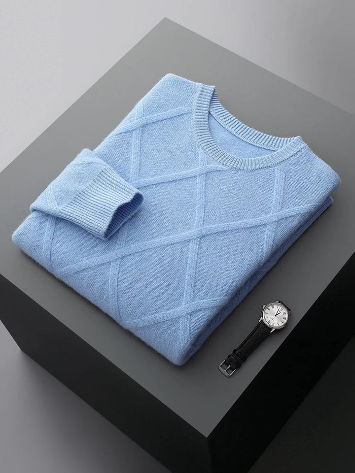 Men's Merino Wool Diamond-Knit Crewneck Sweater | Lightweight Structured Warmth 13