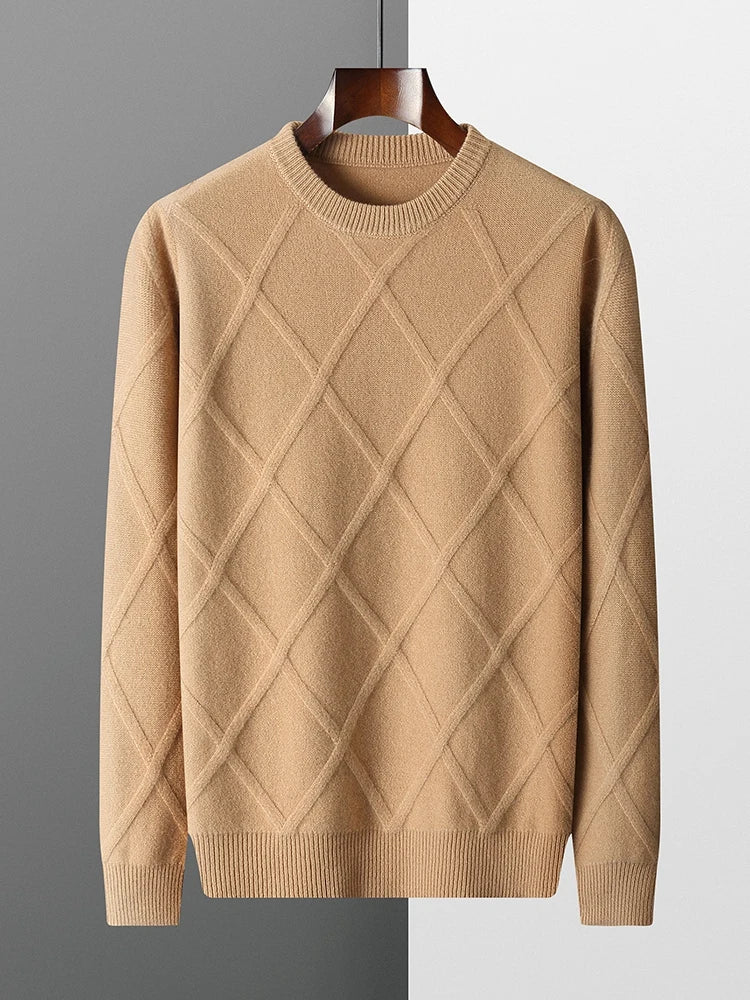 Men's Merino Wool Diamond-Knit Crewneck Sweater | Lightweight Structured Warmth 2