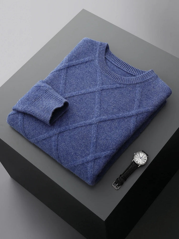 Men's Merino Wool Diamond-Knit Crewneck Sweater | Lightweight Structured Warmth 6