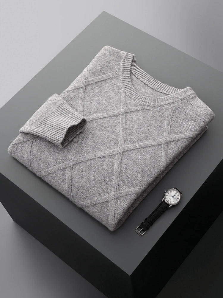 Men's Merino Wool Diamond-Knit Crewneck Sweater | Lightweight Structured Warmth 7