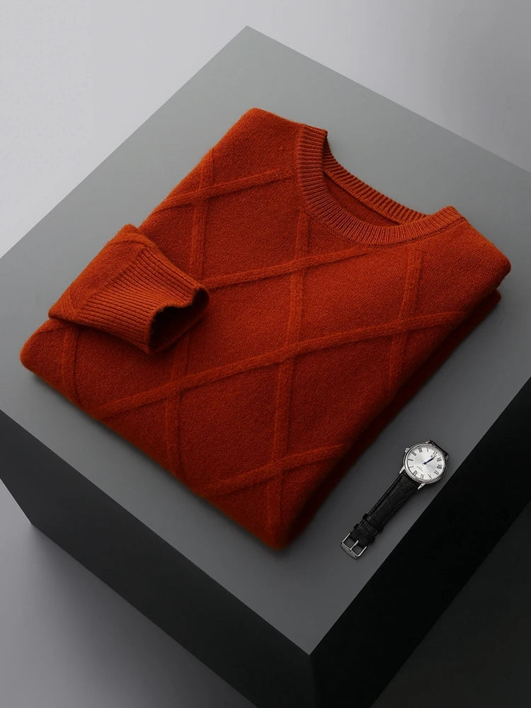 Men's Merino Wool Diamond-Knit Crewneck Sweater | Lightweight Structured Warmth 8