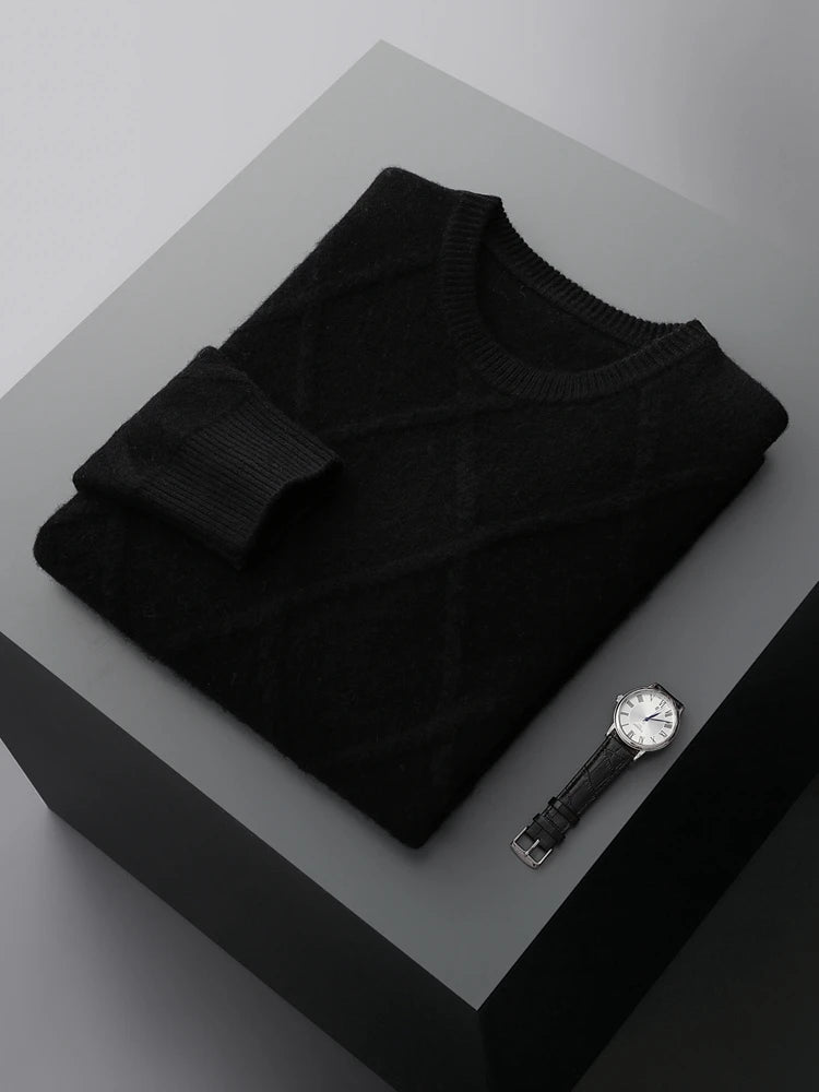 Men's Merino Wool Diamond-Knit Crewneck Sweater | Lightweight Structured Warmth 9