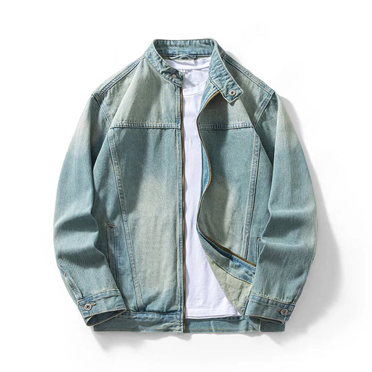 Men's structured non-stretch denim jacket with zipper closure