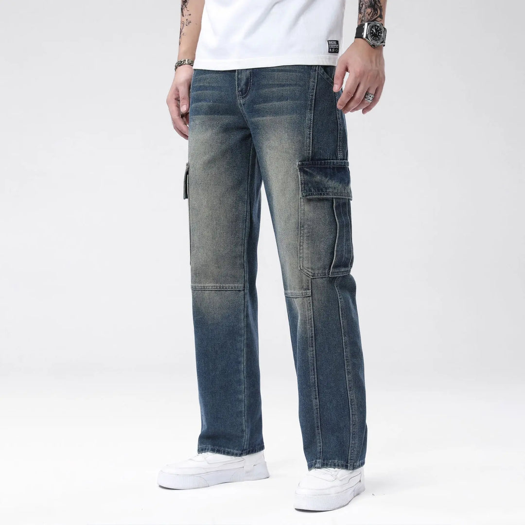 Men's Non-Stretch Polyester-Cotton Denim Jeans | Casual Deep Blue Straight Leg Workwear Pants