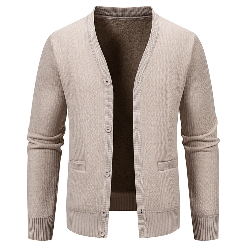 Men's plush knit V-neck cardigan for business-casual layering