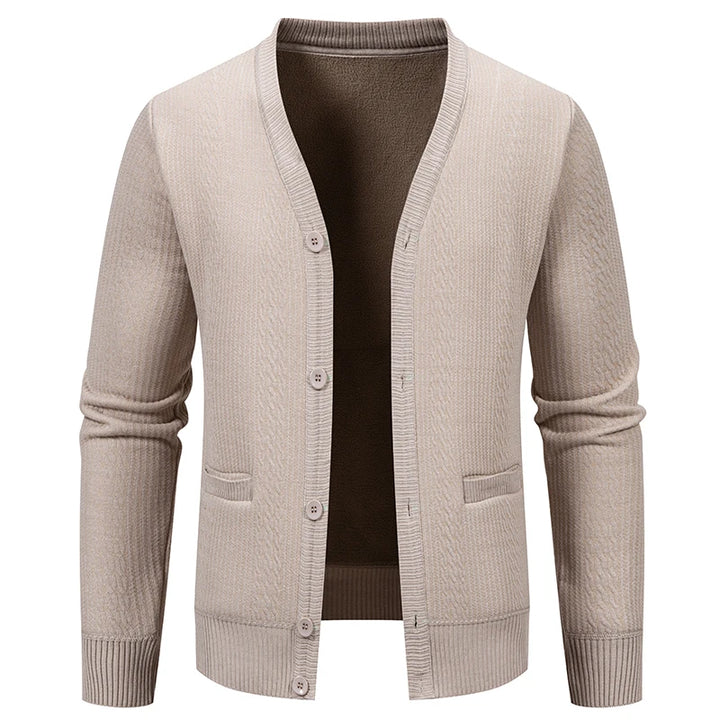 Men's plush knit V-neck cardigan for business-casual layering