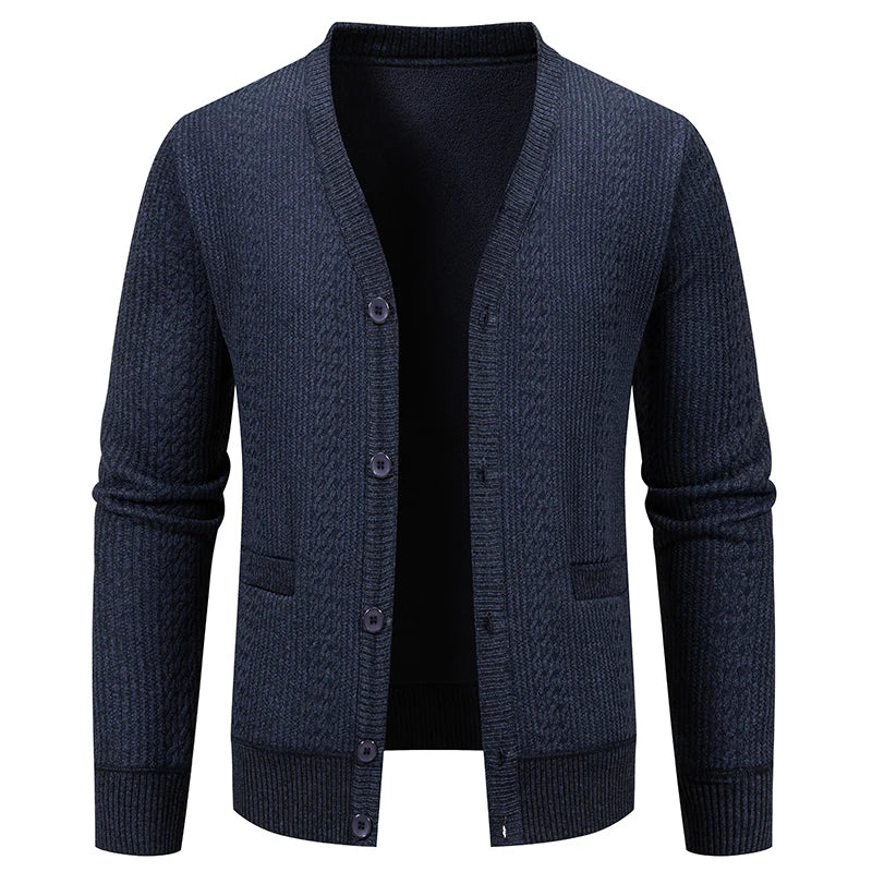 Men's Plush Knit V-Neck Sweater Jacket | Refined Versatile Business Essential