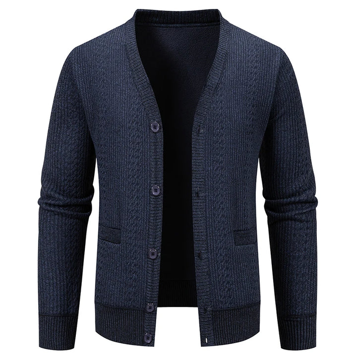 Men's Plush Knit V-Neck Sweater Jacket | Refined Versatile Business Essential