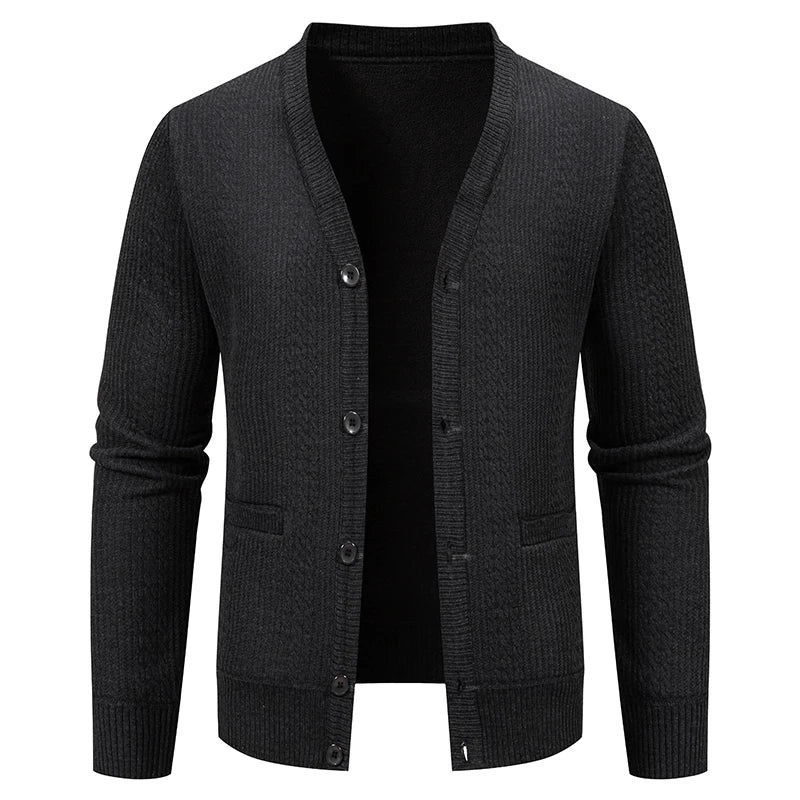 Men's Plush Knit V-Neck Sweater Jacket | Refined Versatile Business Essential
