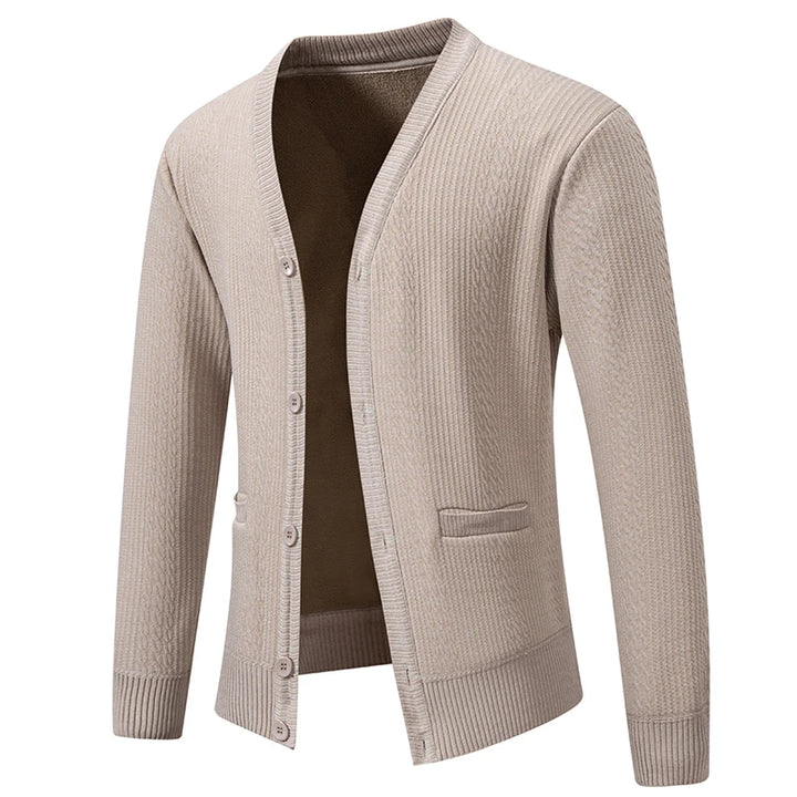 Men's Plush Knit V-Neck Sweater Jacket | Refined Versatile Business Essential