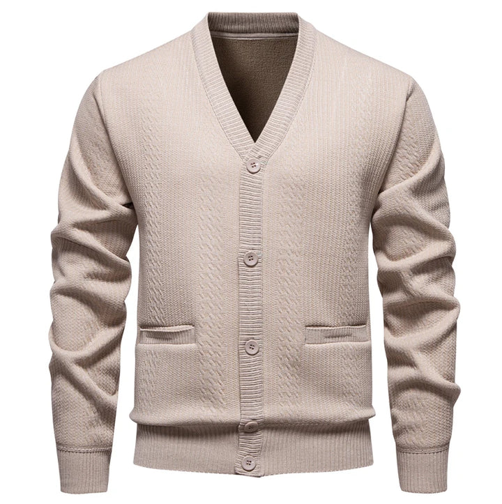 Men's Plush Knit V-Neck Sweater Jacket | Refined Versatile Business Essential