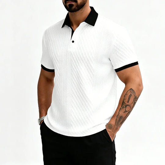 Men's jacquard knit polo shirt with contrast collar