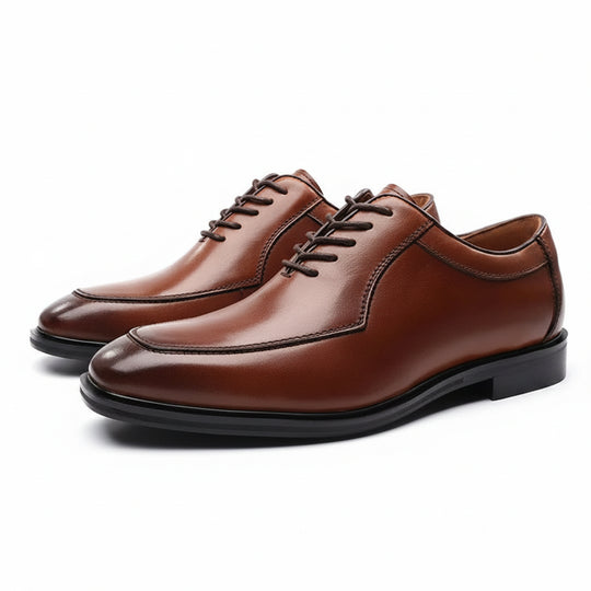 Men's leather lace-up dress shoes with round-toe formal profile