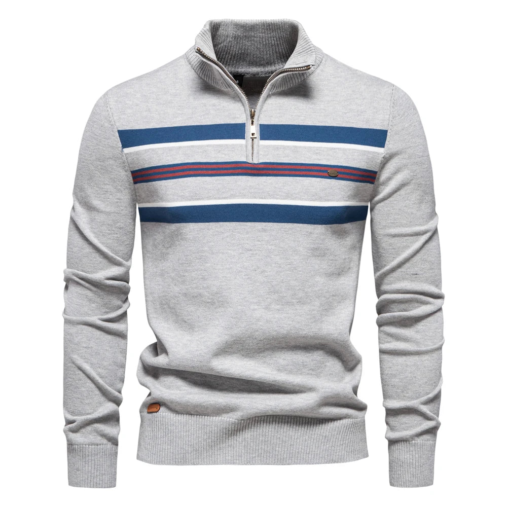 Men's ribbed cotton knit pullover sweater with mock neck detail