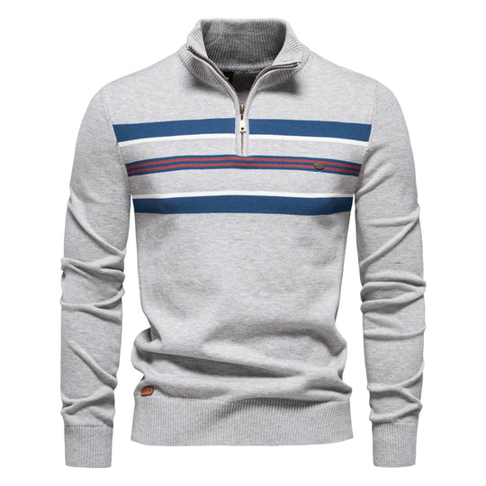 Men's ribbed cotton knit pullover sweater with mock neck detail