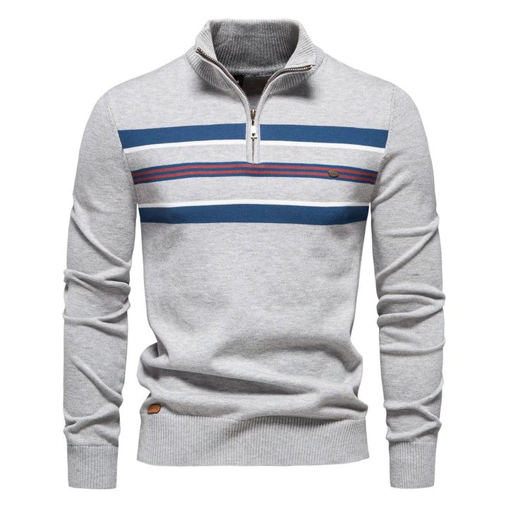 Men's ribbed cotton knit pullover sweater with mock neck detail