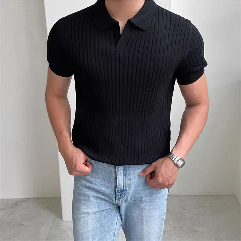 Men's ribbed knit polo shirt with lightweight textured finish