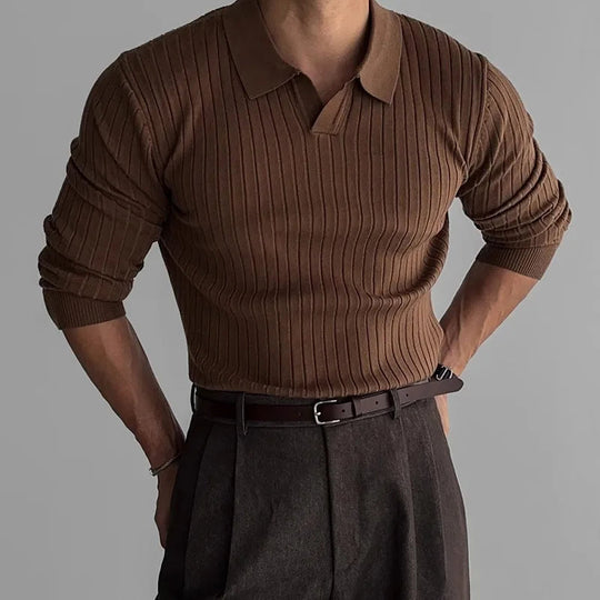 Men's Ribbed Long Sleeve Polo Shirt | Refined Casual Elegance 0