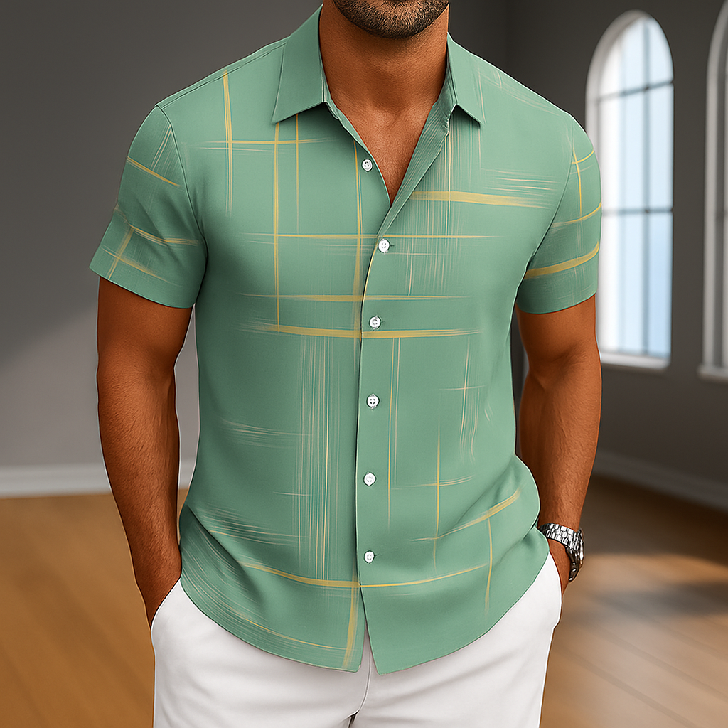 Men's Silk Blend Button-Up Shirt | Tailored Modern Grid Design 4