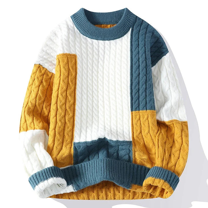 Men's soft textured knit sweater with bold casual panels
