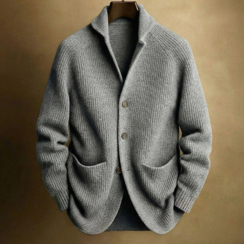 Men's ribbed knit shawl collar cardigan with functional pockets