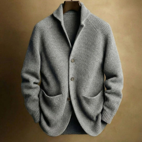 Men's ribbed knit shawl collar cardigan with functional pockets