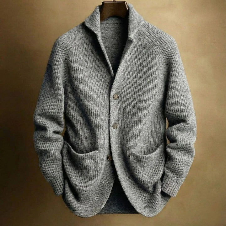 Men's ribbed knit shawl collar cardigan with functional pockets