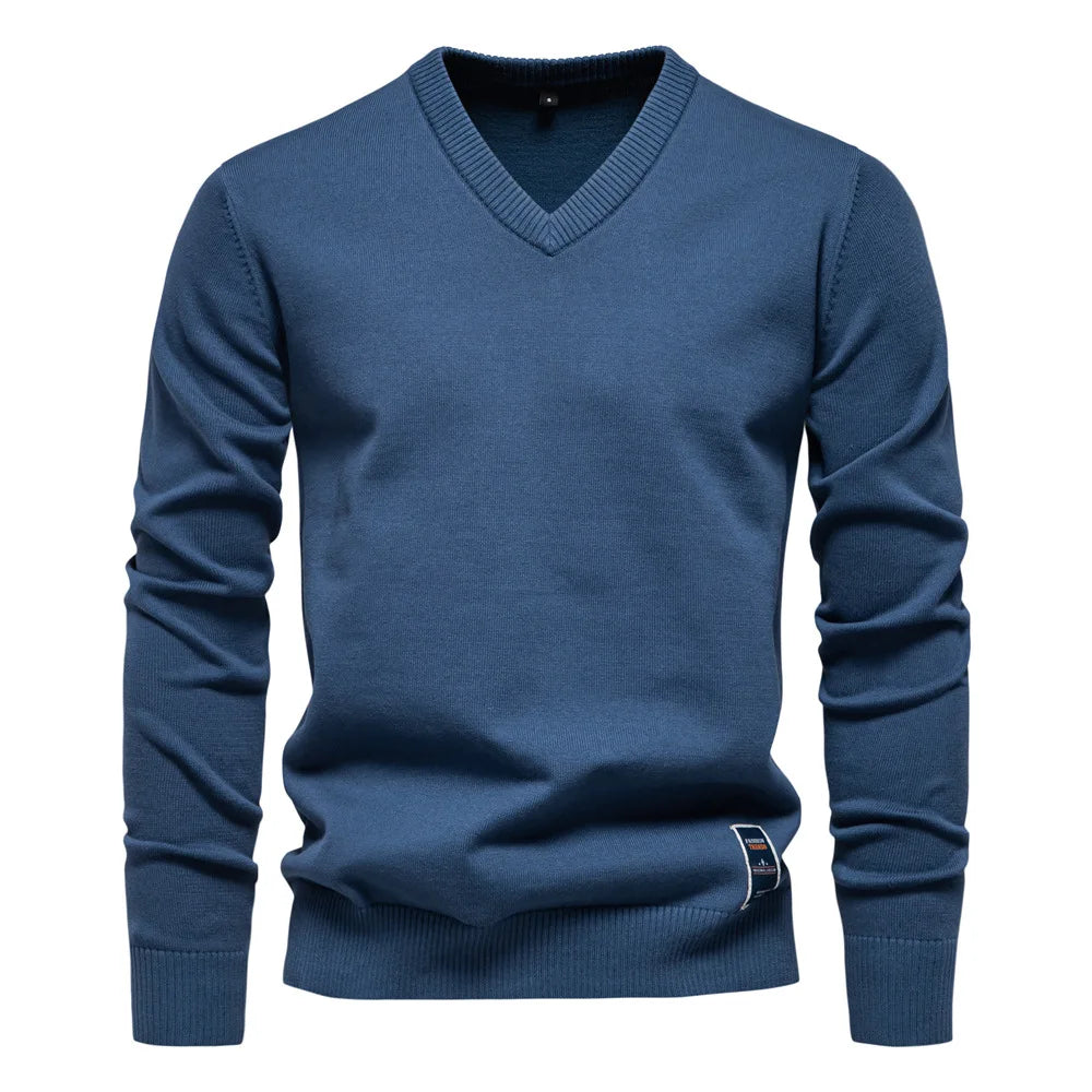 Men's Solid Color V-Neck Pullover Sweater | Tailored Warm Casual Essential