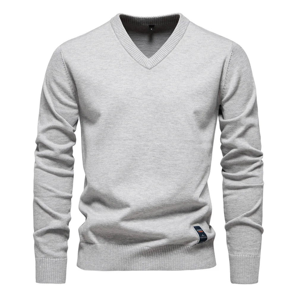 Men's Solid Color V-Neck Pullover Sweater | Tailored Warm Casual Essential