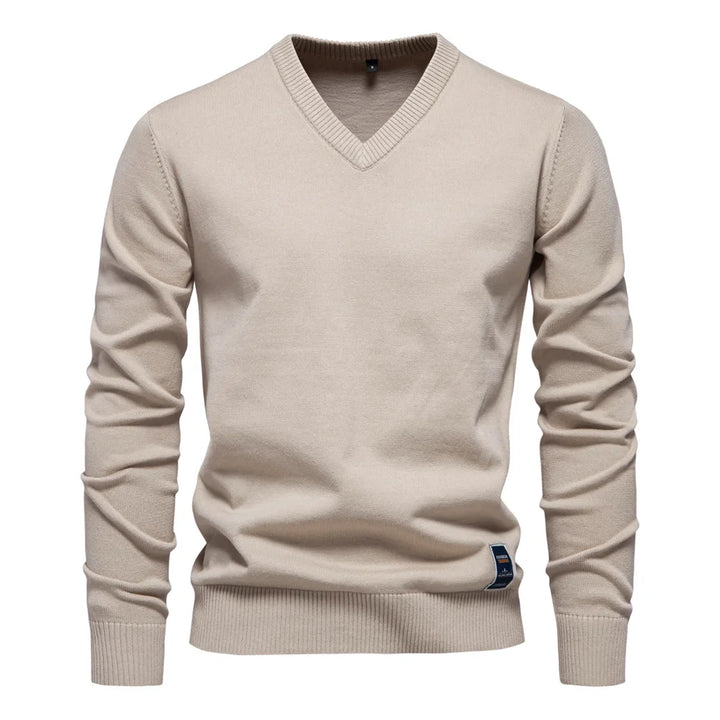 Men's Solid Color V-Neck Pullover Sweater | Tailored Warm Casual Essential