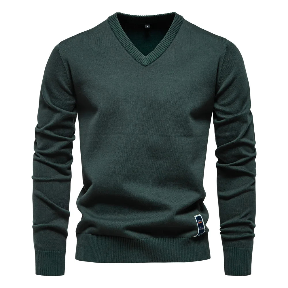 Men's Solid Color V-Neck Pullover Sweater | Tailored Warm Casual Essential