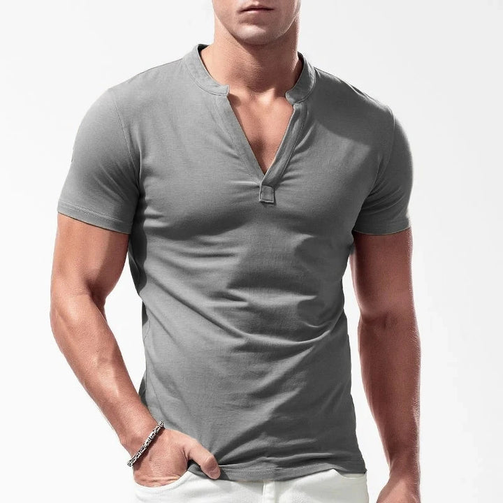 Men's solid V-neck T-shirt with short sleeve summer fit