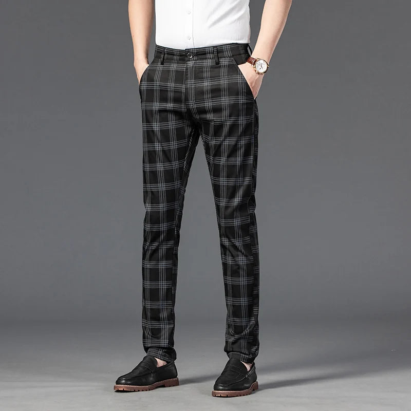 Men's Stretch Fabric Slim Fit Trousers | Tailored Bold Plaid Design 1