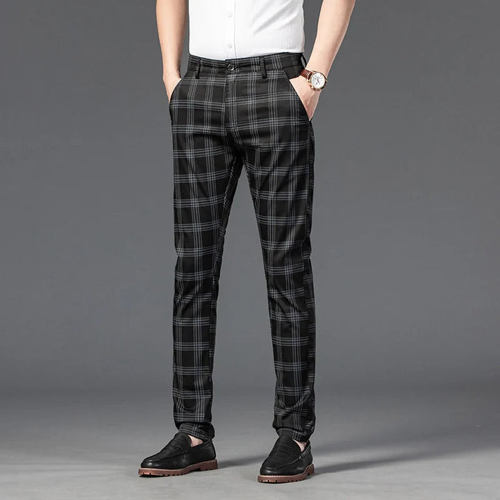Men's Stretch Fabric Slim Fit Trousers | Tailored Bold Plaid Design 1