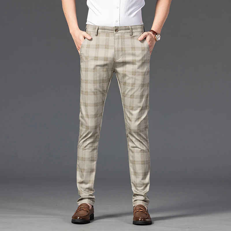 Men's Stretch Fabric Slim Fit Trousers | Tailored Bold Plaid Design 6