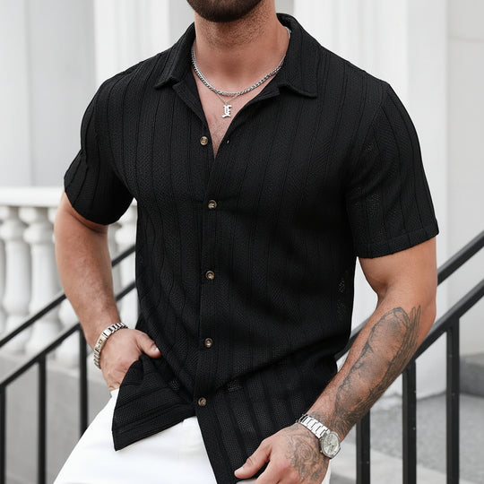 Men's striped knit cardigan with short-sleeve button-front design