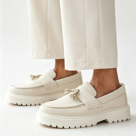 Men's suede tassel loafers with comfortable slip-on profile